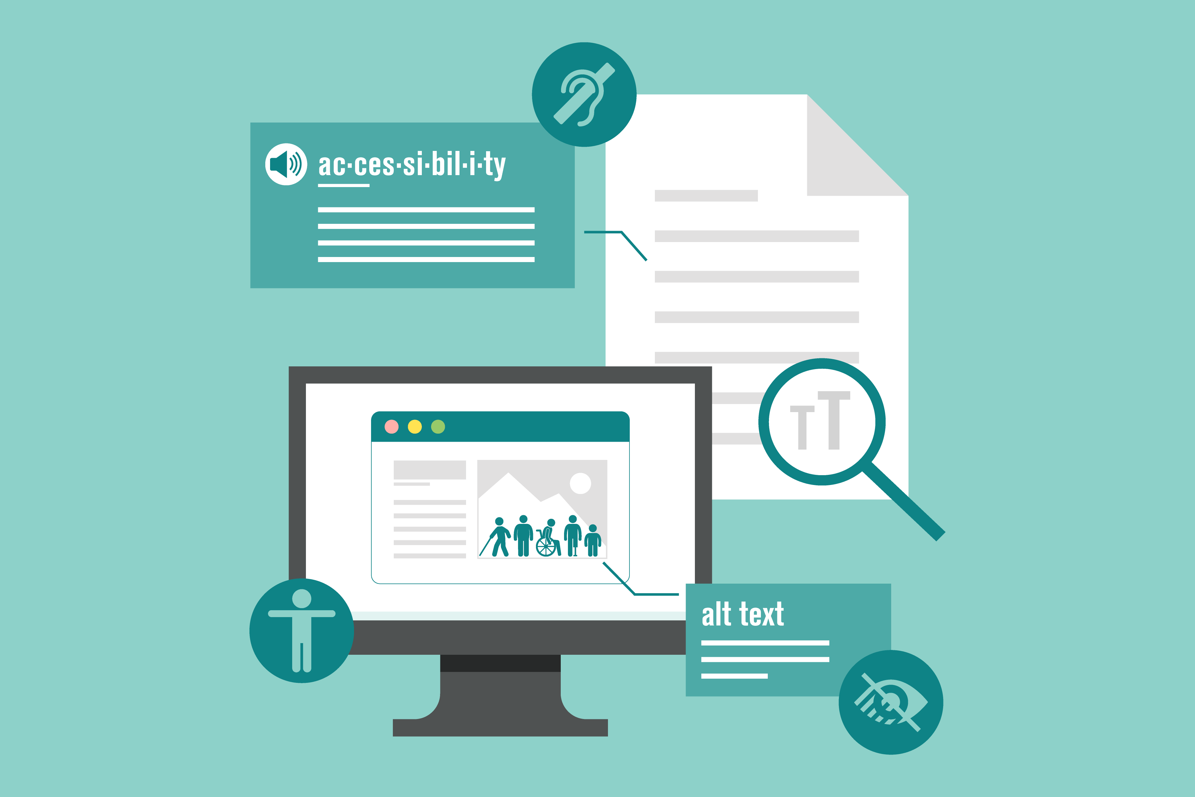 An illustration depicting a desktop computer and a paper document. These two items are annotated with boxes calling out alt text and definitions, as well as contain illustrations of people of all abilities. The illustration depicts key points of the article it accompanies.