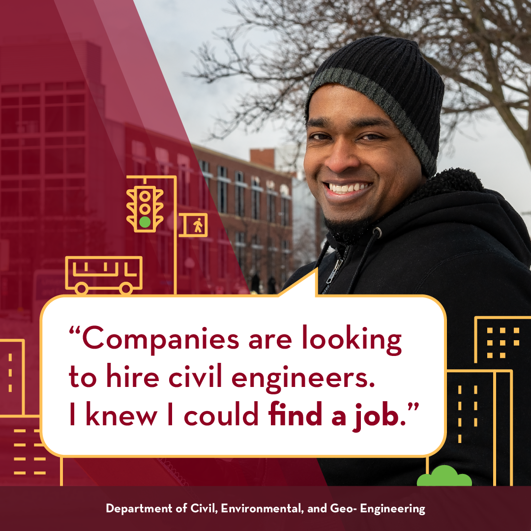Social media graphic with a photo of a smiling student and quote: Companies are looking to hire civil engineers. I knew I could find a job.