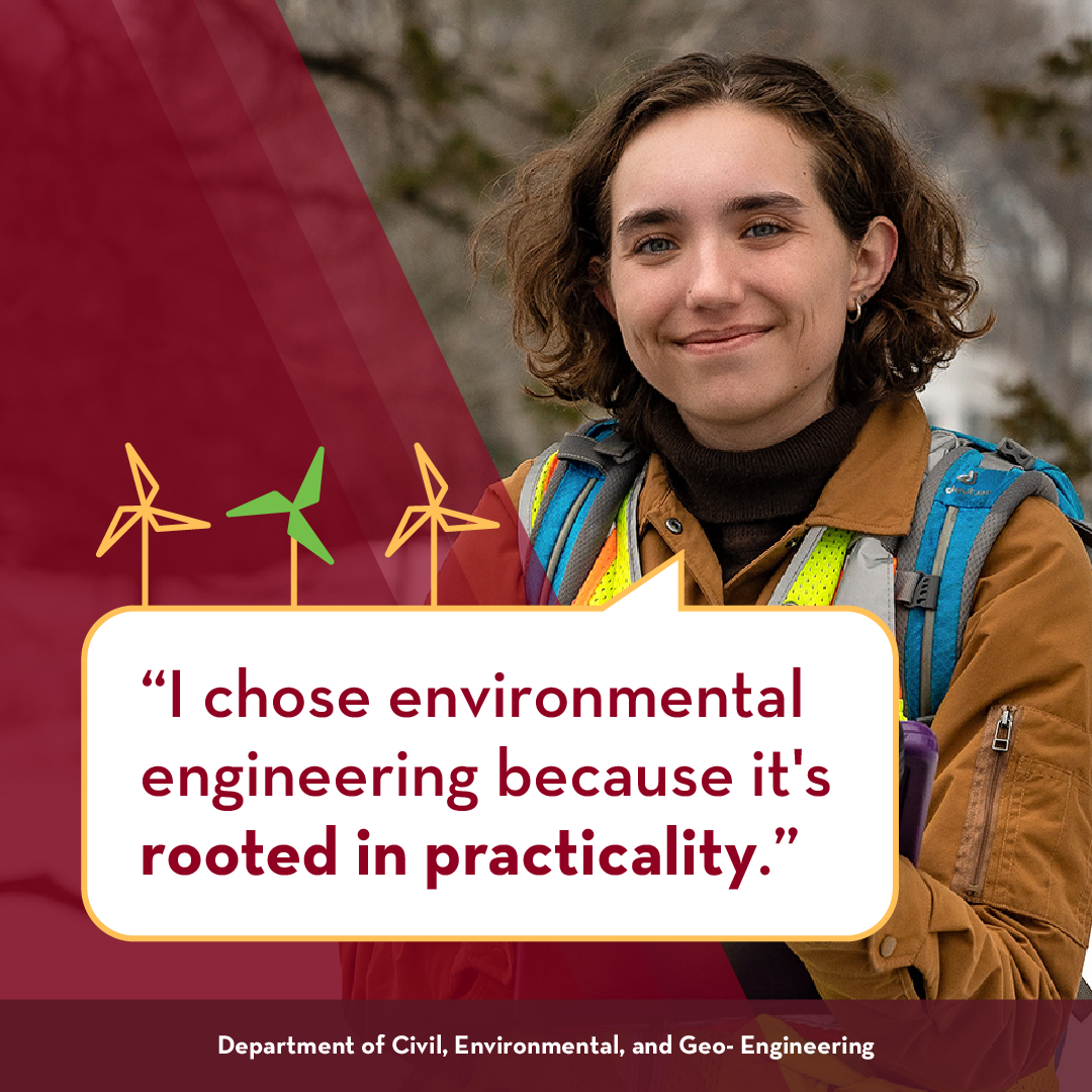 Social media graphic with a photo of a smiling student and quote: I chose environmental engineering because it's rooted in practicality.