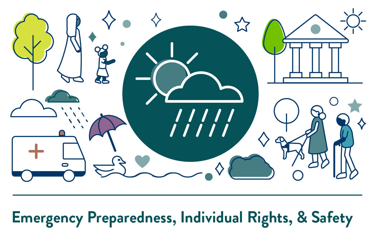 Icon and illustrations for Emergency Preparedness, Individual Rights, and Safety domain.