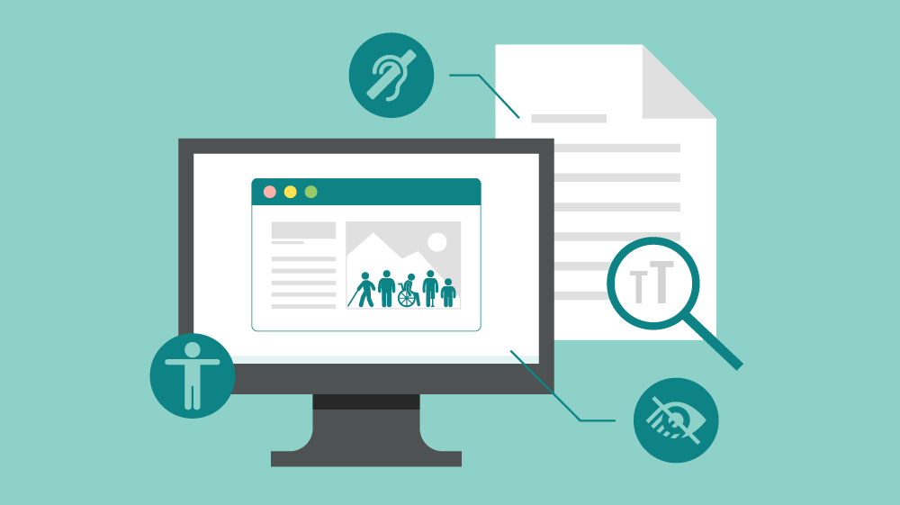 Illustration of a laptop and document with accessibility symbols that depict alt text, definitions, text size, and mobility differences.