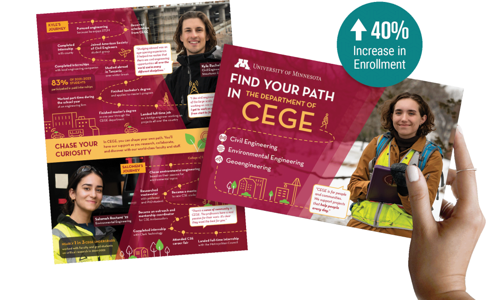 Hand holding a mailer with information about CEGE for prospective students