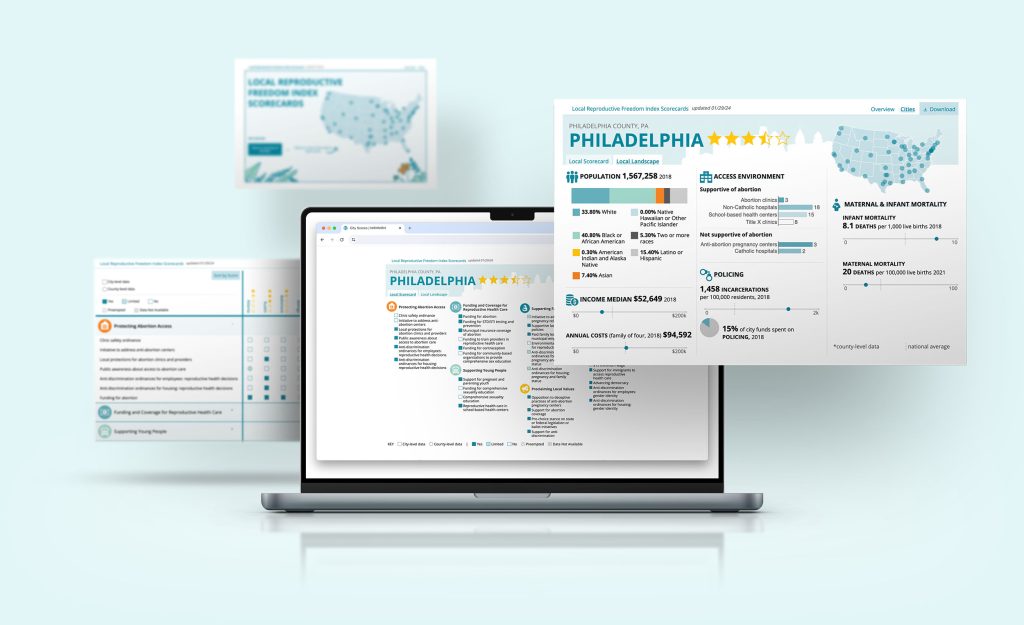 Laptop showing multiple screens with data visualizations related to reproductive freedom in the U.S.