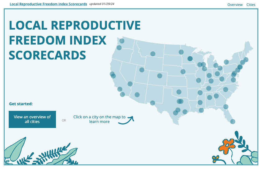 Screen titled Local Reproductive Freedom Index Scorecards next to a map image