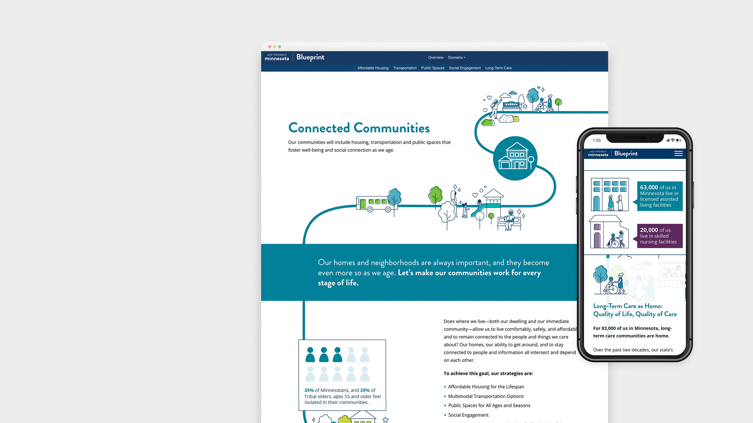 Website design with data visualization and illustrations about aging in Minnesota
