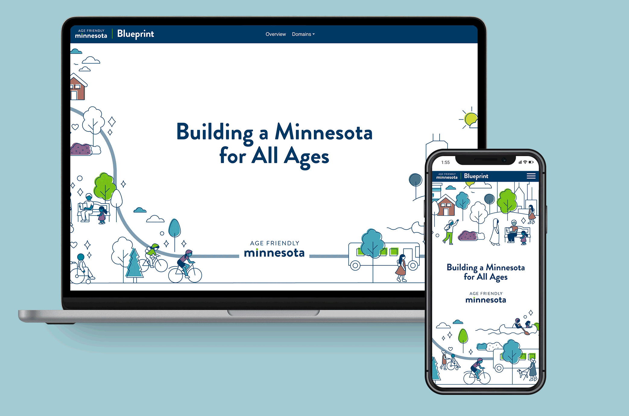 Laptop and phone screen showing illustrations and data visualizations from the Age-Friendly Blueprint