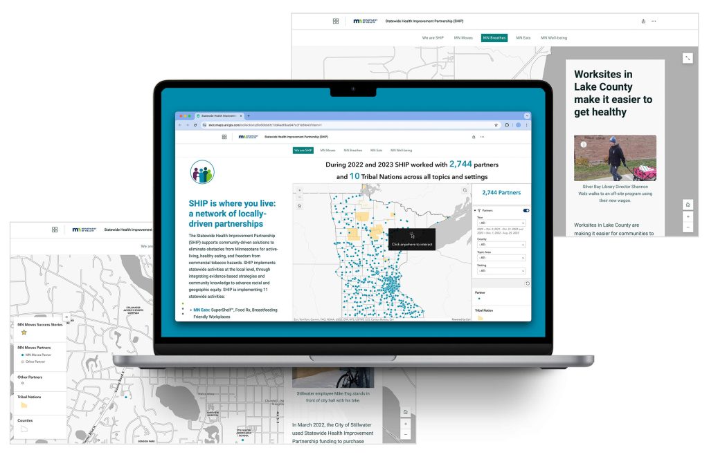 Laptop showing SHIP online Storymap that features success stories throughout Minnesota