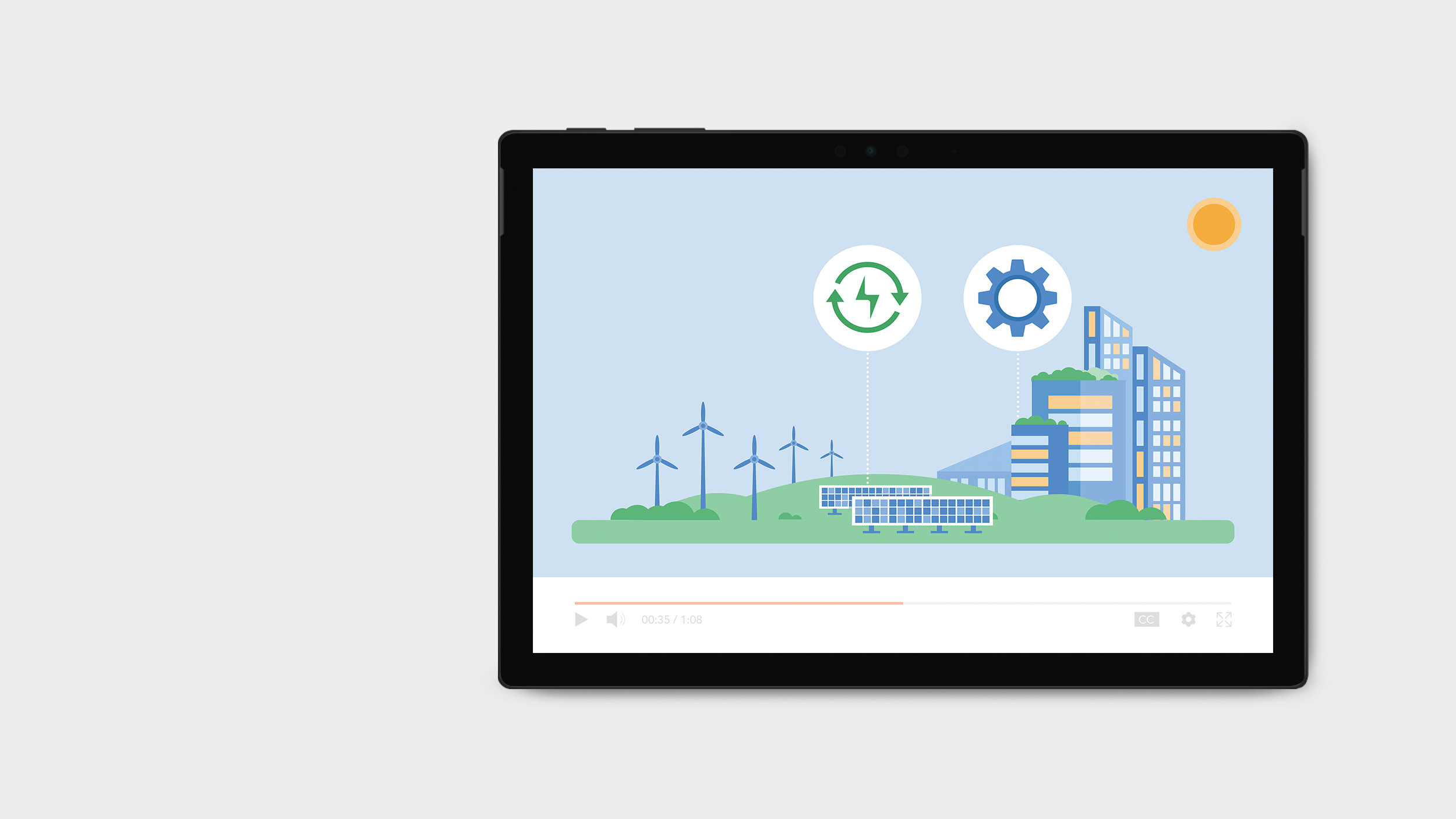 Animation showing wind and solar energy powering a city