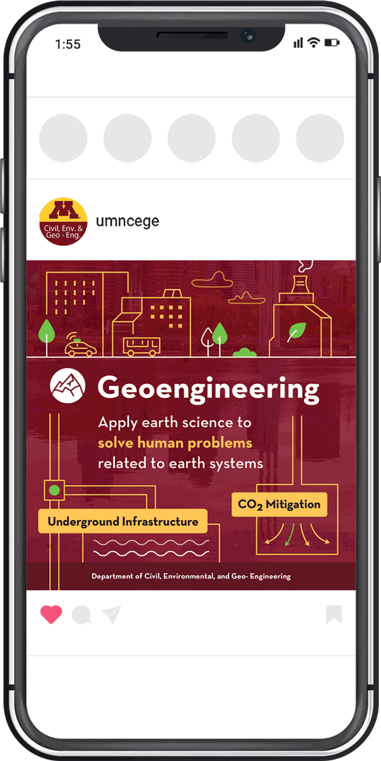 Phone with Instagram showing social media graphics related to CEGE