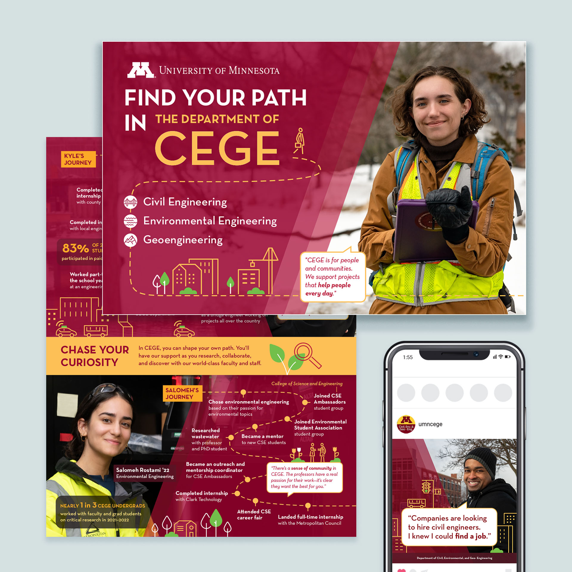 Infographic mailers and social media graphics created for University of Minnesota Department of Civil, Environmental, and Geo- Engineering