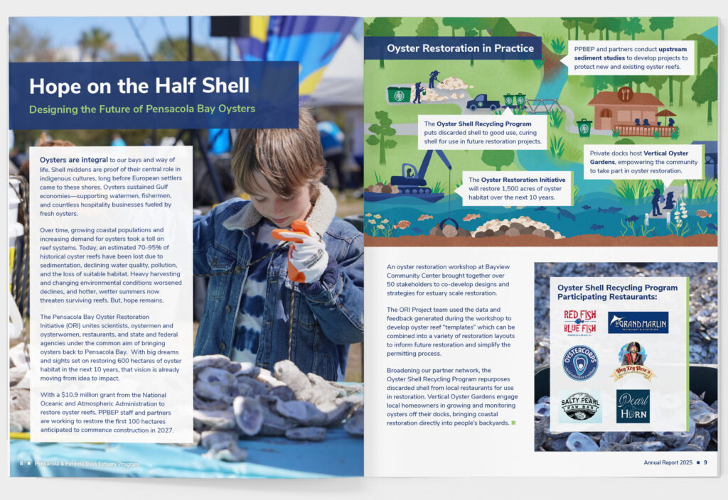 Spread with an infographic about oyster restoration