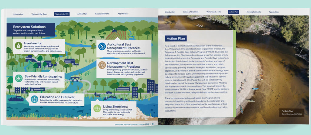Spread with bay ecosystem illustration and text with a photo