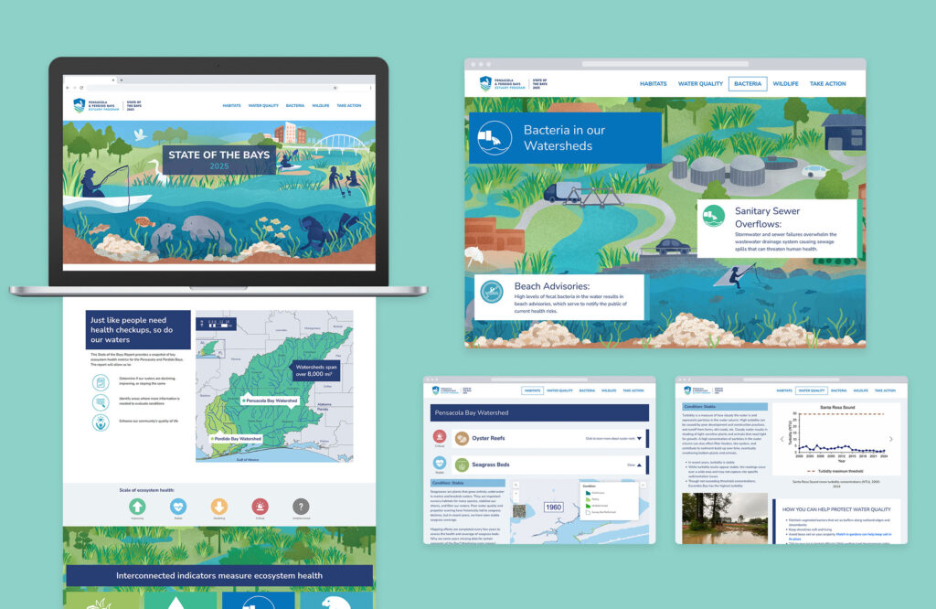 Laptop showing screens with bay ecosystem illustrations and maps