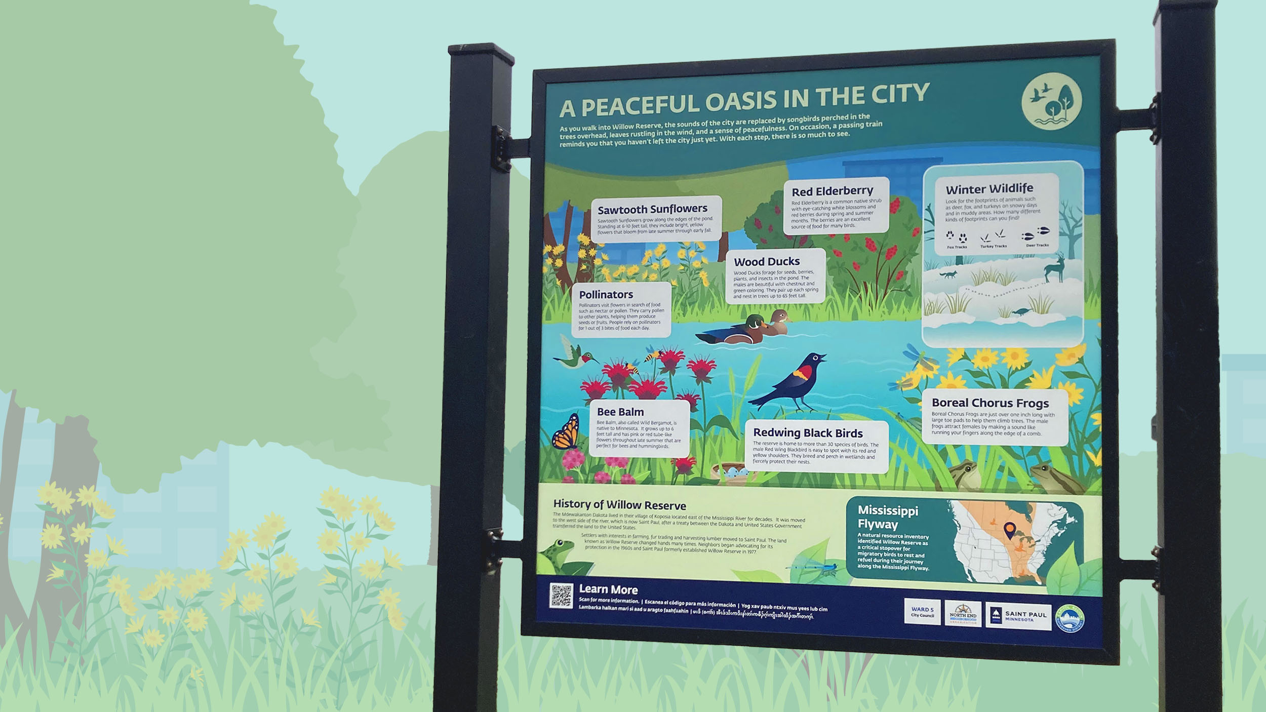 Sign with information about Willow Reserve plants and wildlife