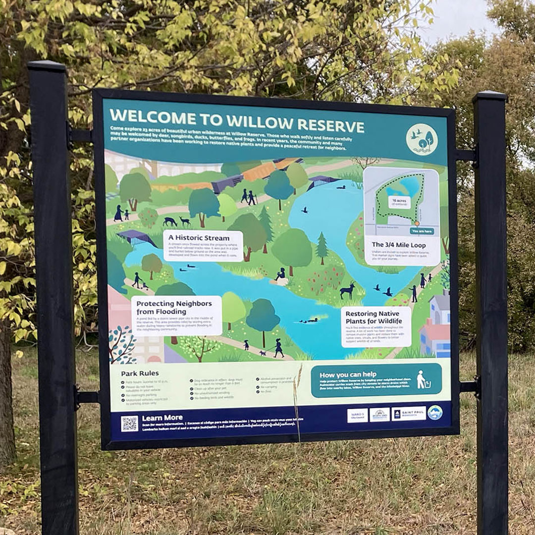 Colorful sign at the entrance of Willow Reserve created for Capitol Region Watershed District