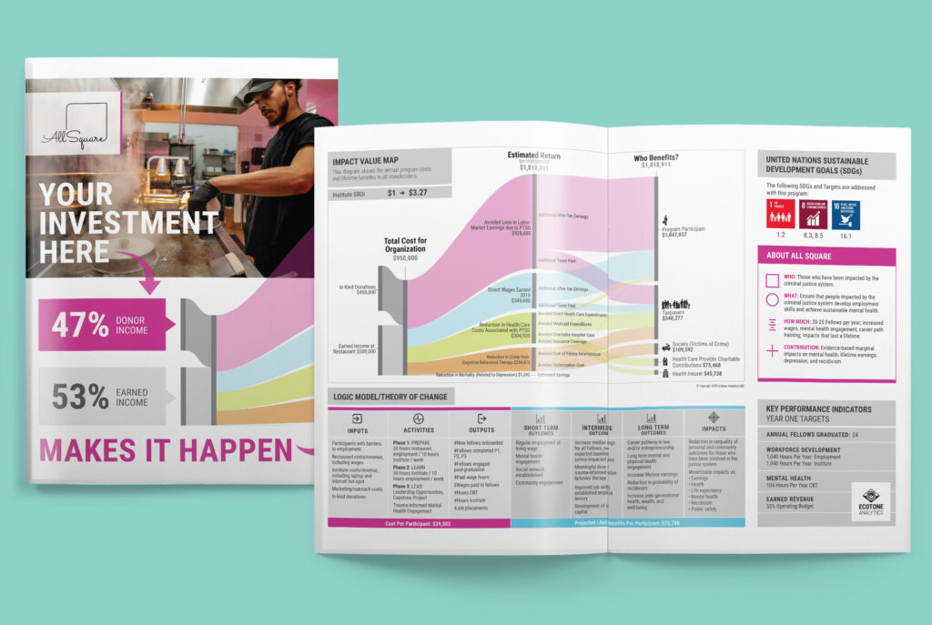 Impact report for investors that shows flow of funding in a color-coded data visualization
