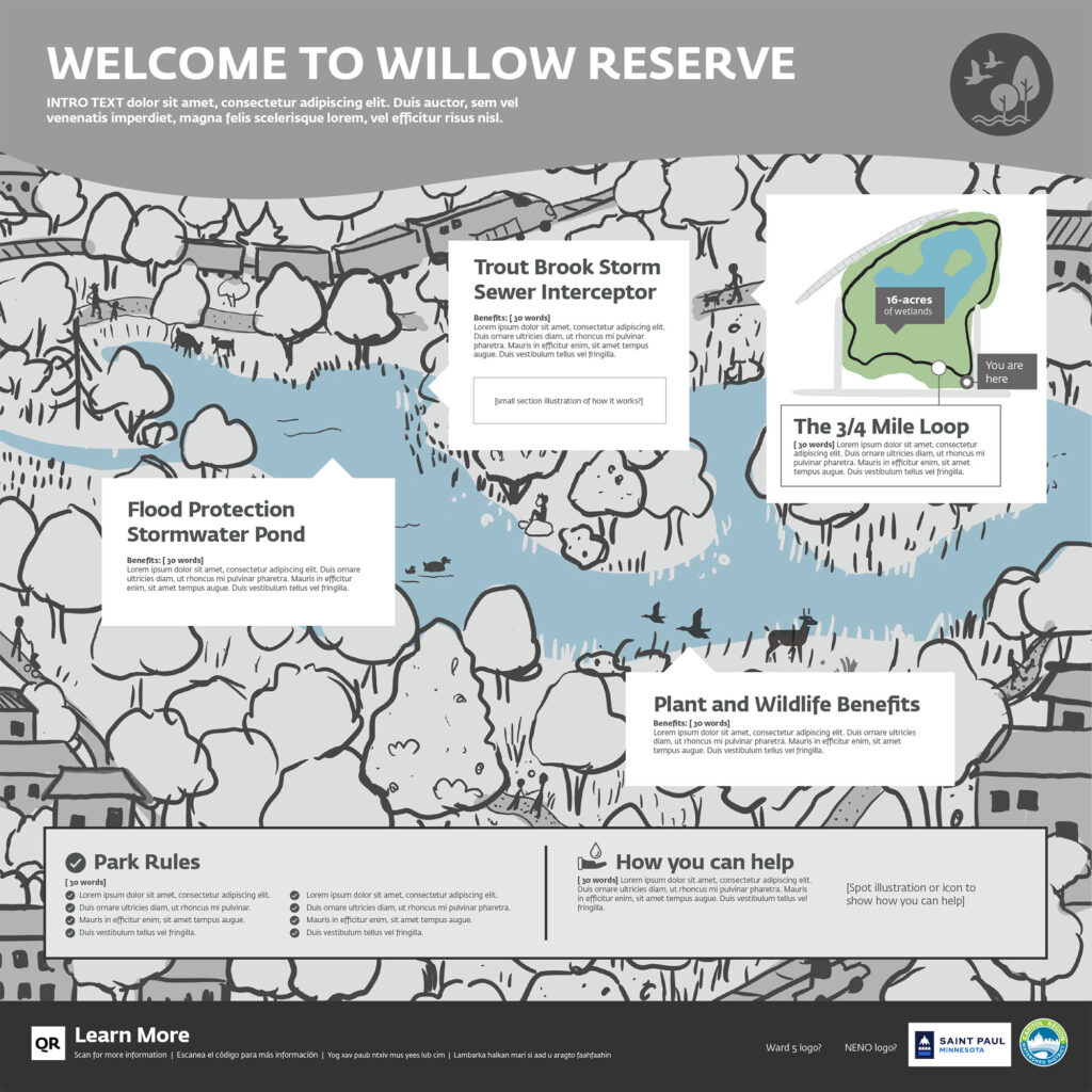 Black and white rough sketch of Willow Reserve signage