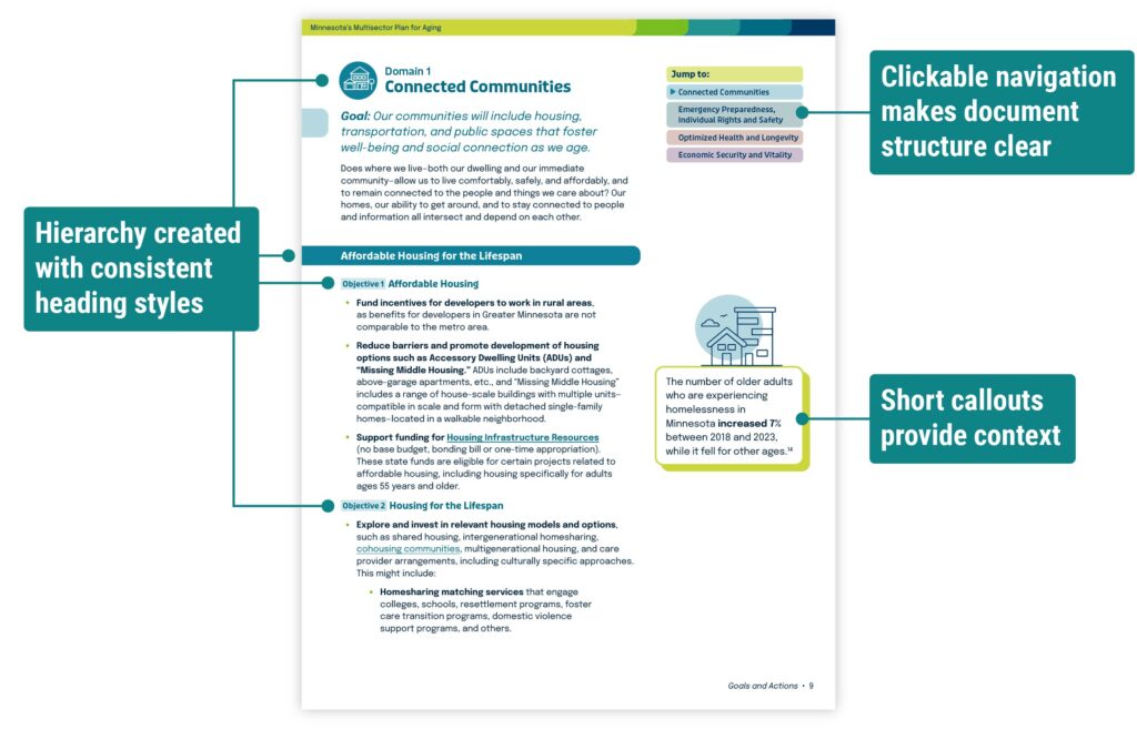 One page of a document layout with consistent headings, a short callout in the sidebar, and buttons to easily navigate to other sections of the report